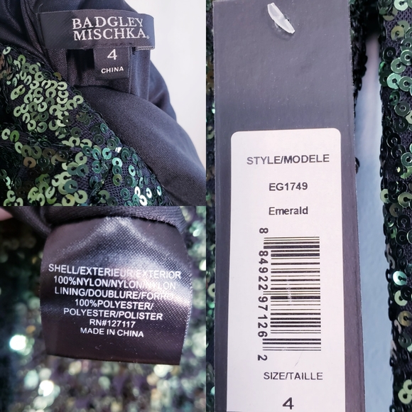 $895 NWT BADGLEY MISCHKA Emerald Green Maxi Long Gown 4 SMALL Sequin Long sleeve - Picture 4 of 10